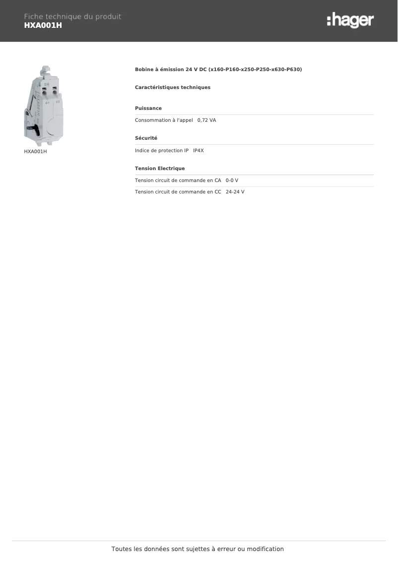 Page n°1 - Fiche technique Hager HXA001H