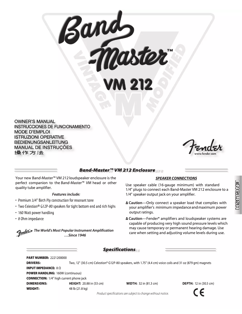 Página 1 del manual Manual de usuario Fender Band-Master VM 212 Enclosure