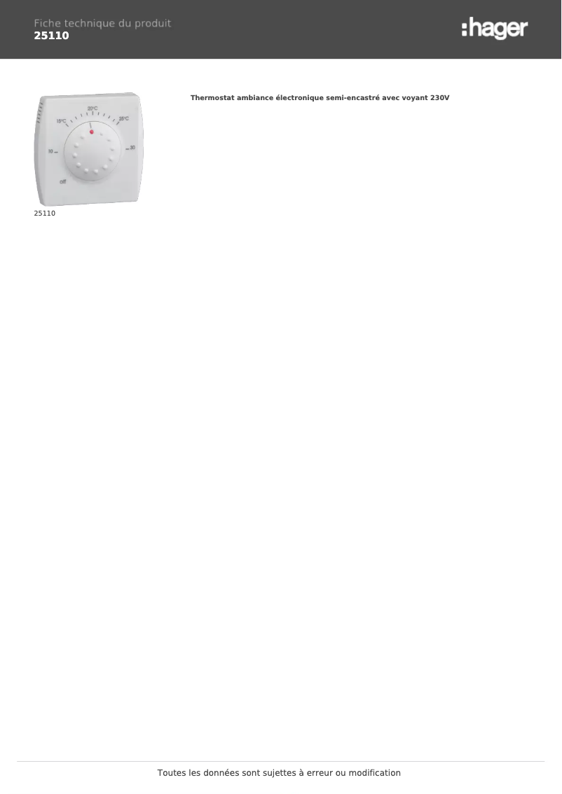 Page 1 de la notice Fiche technique Hager 25110