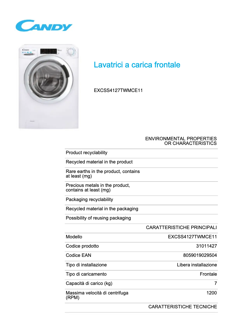 Page 1 de la notice Fiche technique Candy EXCSS4127TWMCE11
