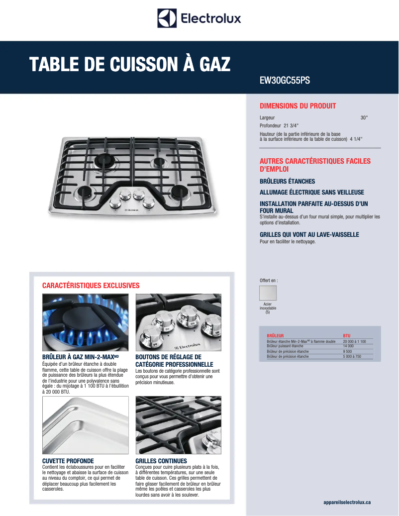 Page 1 de la notice Fiche technique Electrolux EW30GC55PS