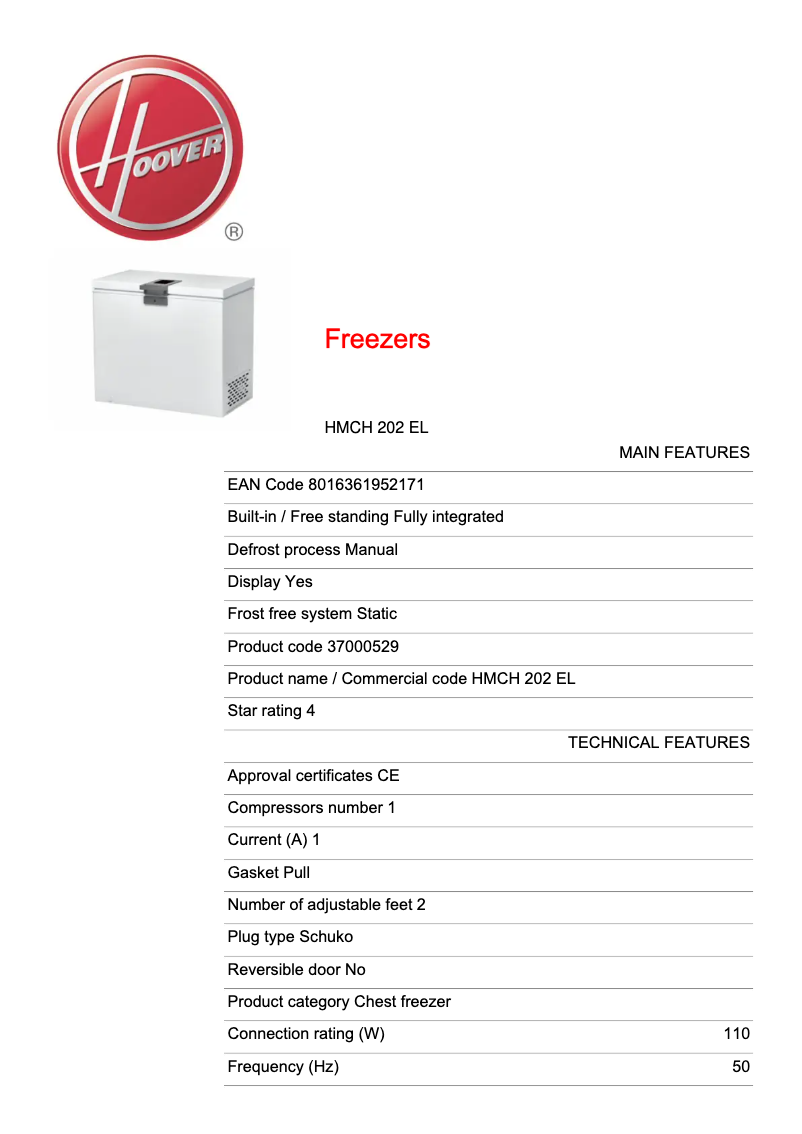 Page 1 de la notice Fiche technique Hoover HMCH 202 EL