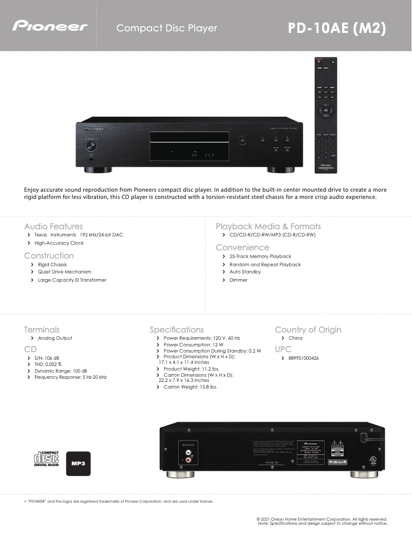 Image de la première page du manuel de l'appareil PD-10AE