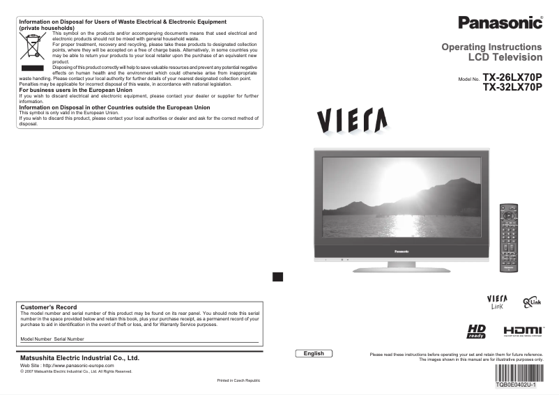 Page 1 de la notice Manuel utilisateur Panasonic Viera TX-26LX70P