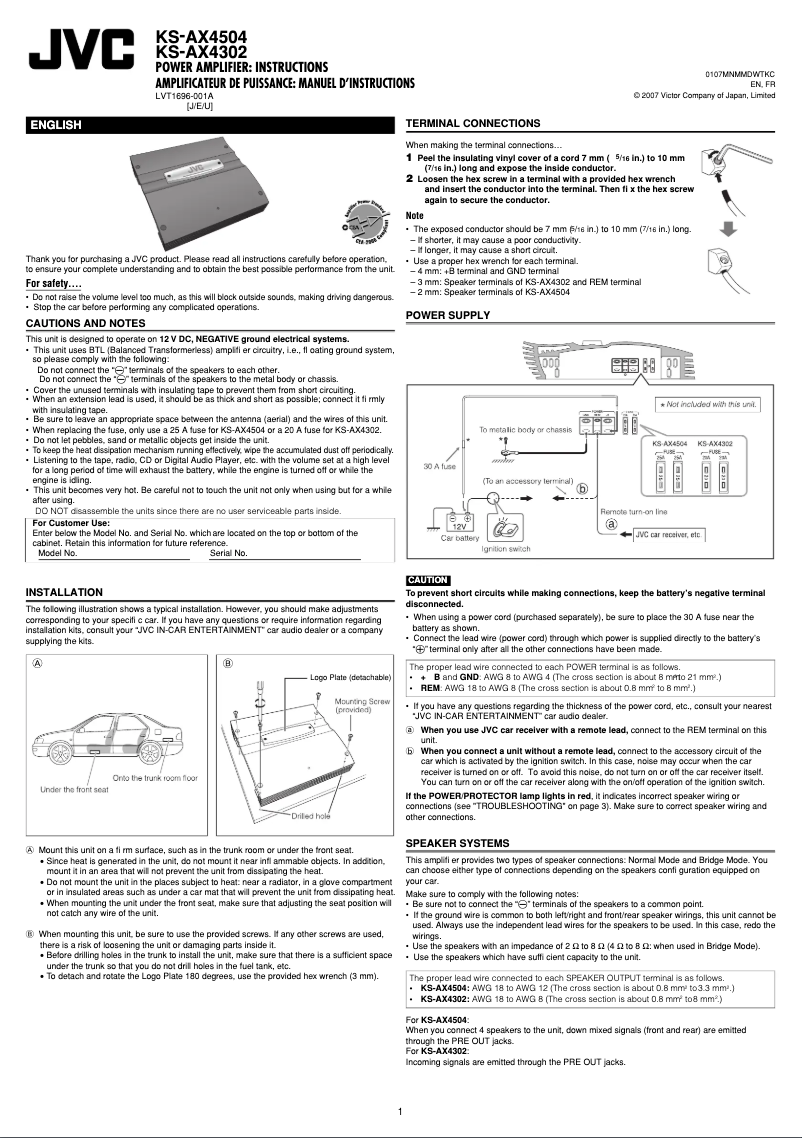 Page 1 de la notice Manuel utilisateur JVC KS-AX4302
