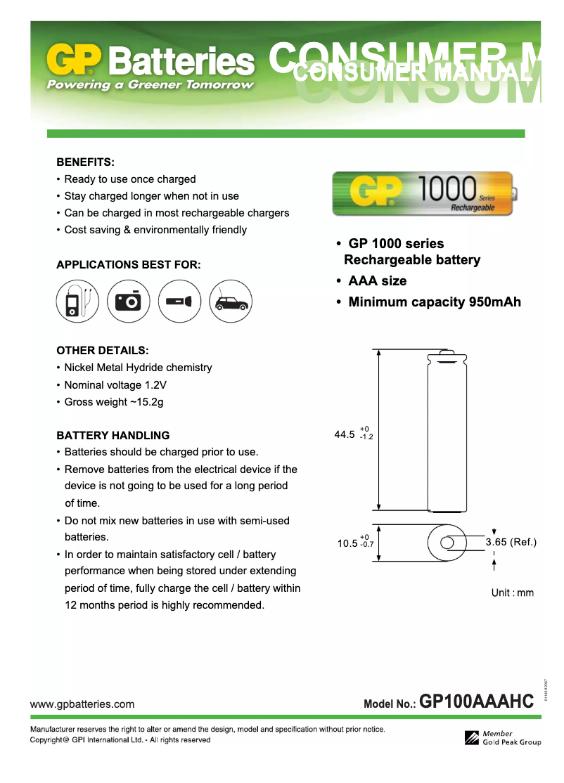 Page 1 de la notice Manuel utilisateur GP Batteries AAA 950mAh