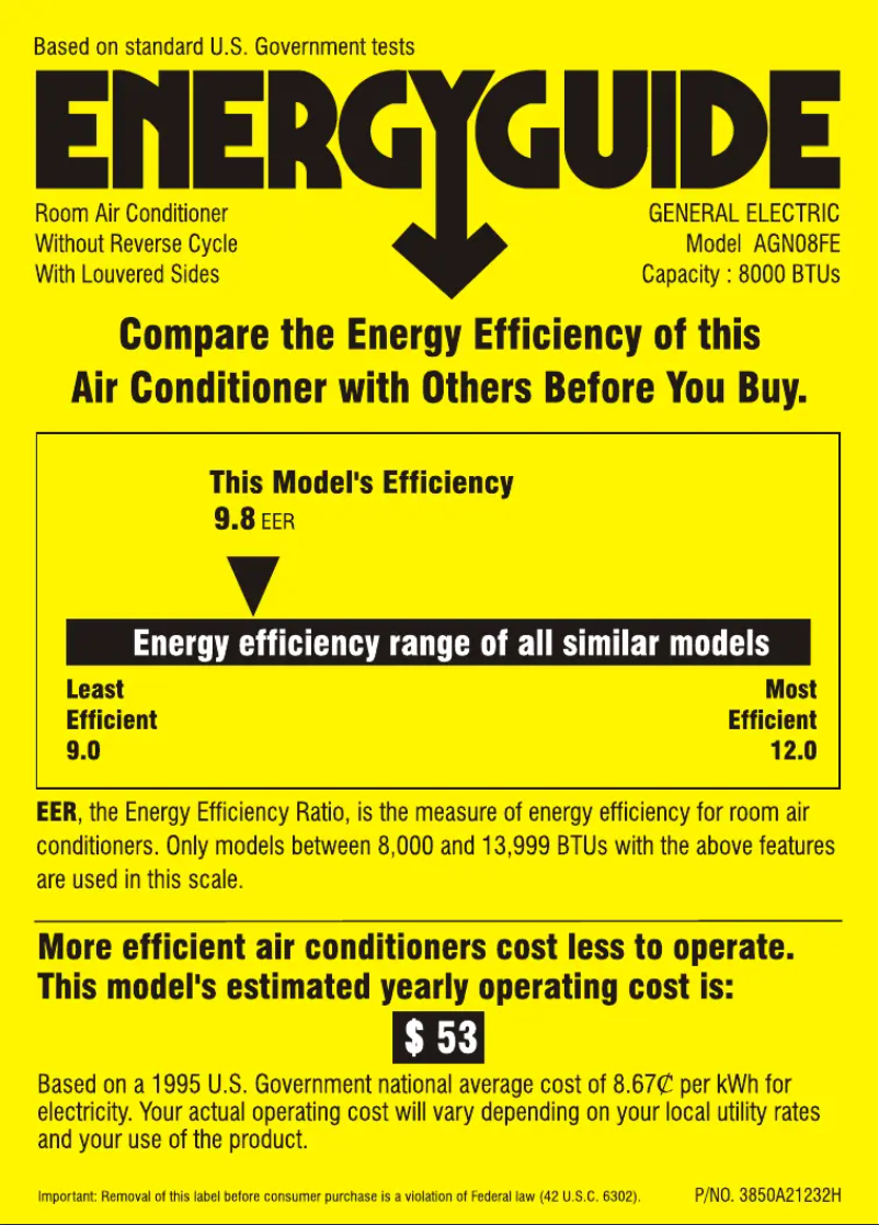 Page 1 de la notice Label énergétique GE AGN08FE