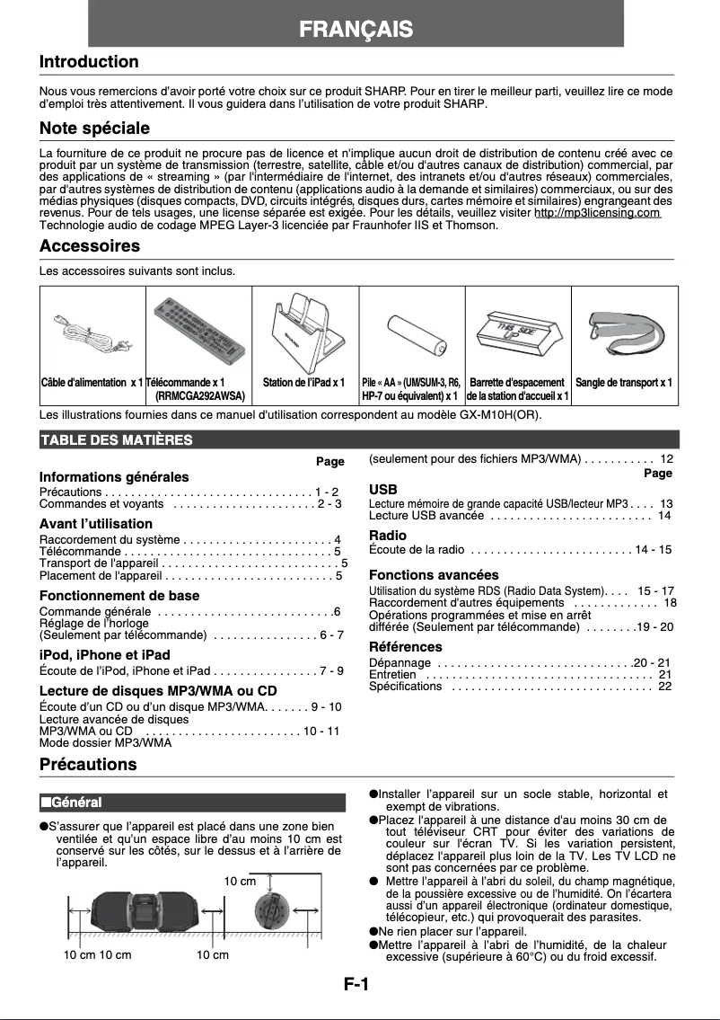 Page 1 de la notice Manuel utilisateur Sharp GX-M10H