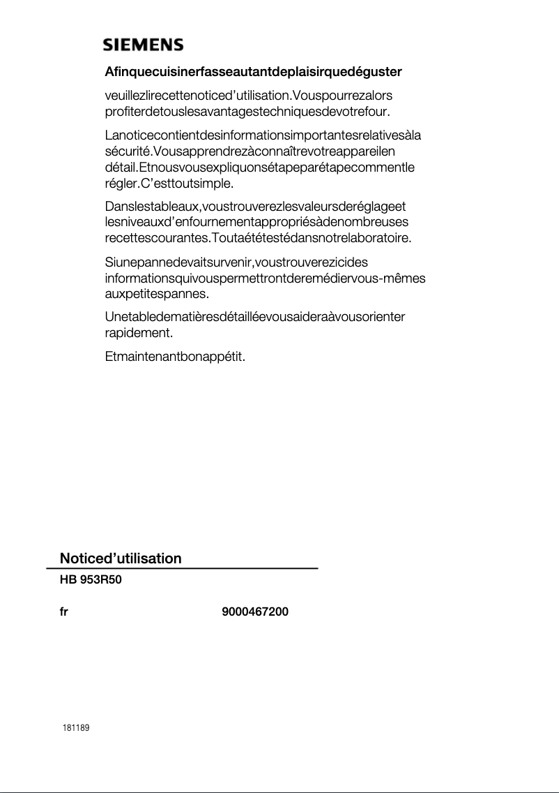 Page n°1 - Manuel utilisateur Siemens HB953R50
