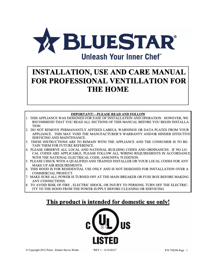 Page n°1 - Guide d'installation BlueStar LP036LPCF