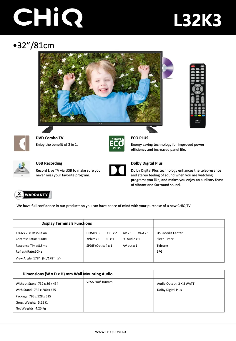 Page 1 de la notice Fiche technique CHiQ L32K3