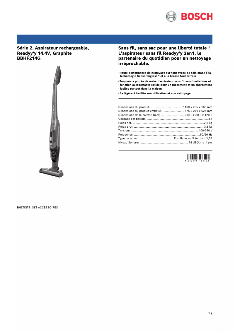 Page 1 de la notice Fiche technique Bosch Readyy'y BBHF214