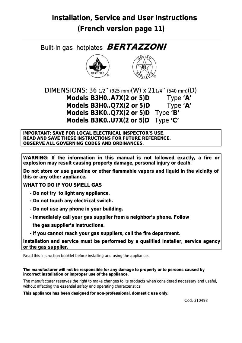 Page n°1 - Manuel utilisateur Bertazzoni Q36M500X