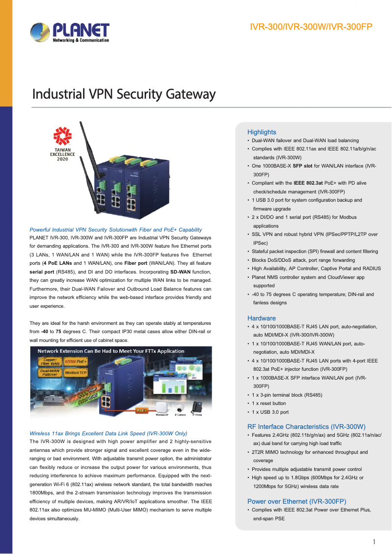 Page 1 of the manual Technical Sheet Planet IVR-300W