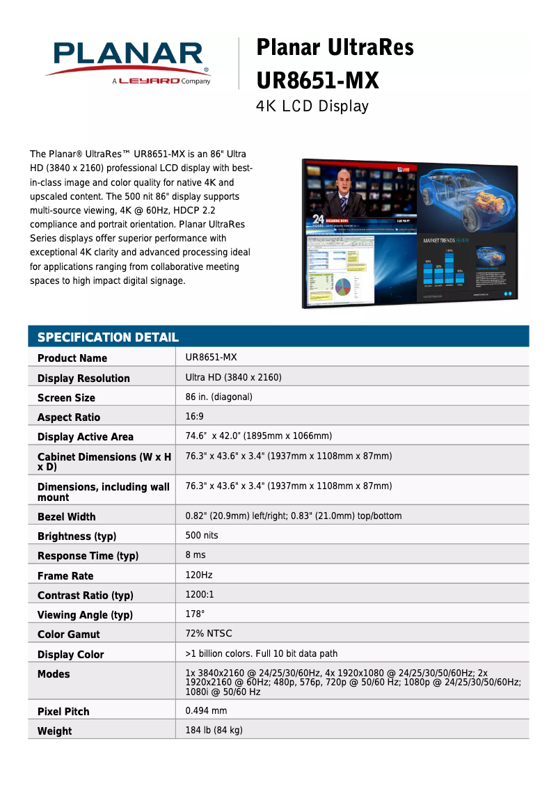 Page n°1 - Fiche technique Planar UltraRes UR8651-MX