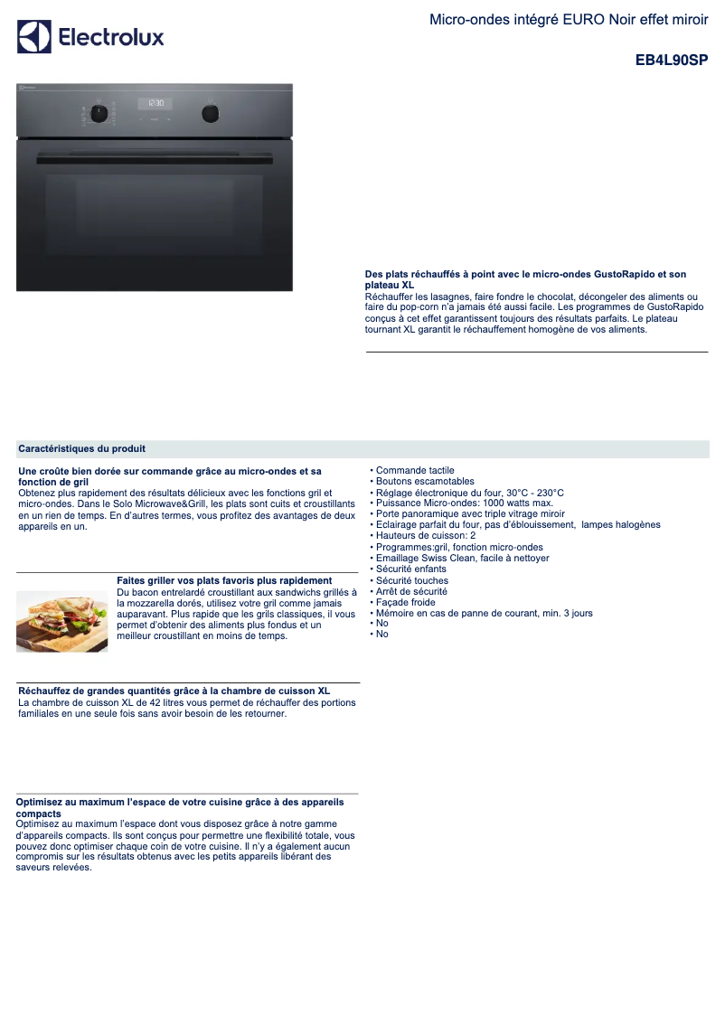 Page 1 de la notice Fiche technique Electrolux EB4L90SP