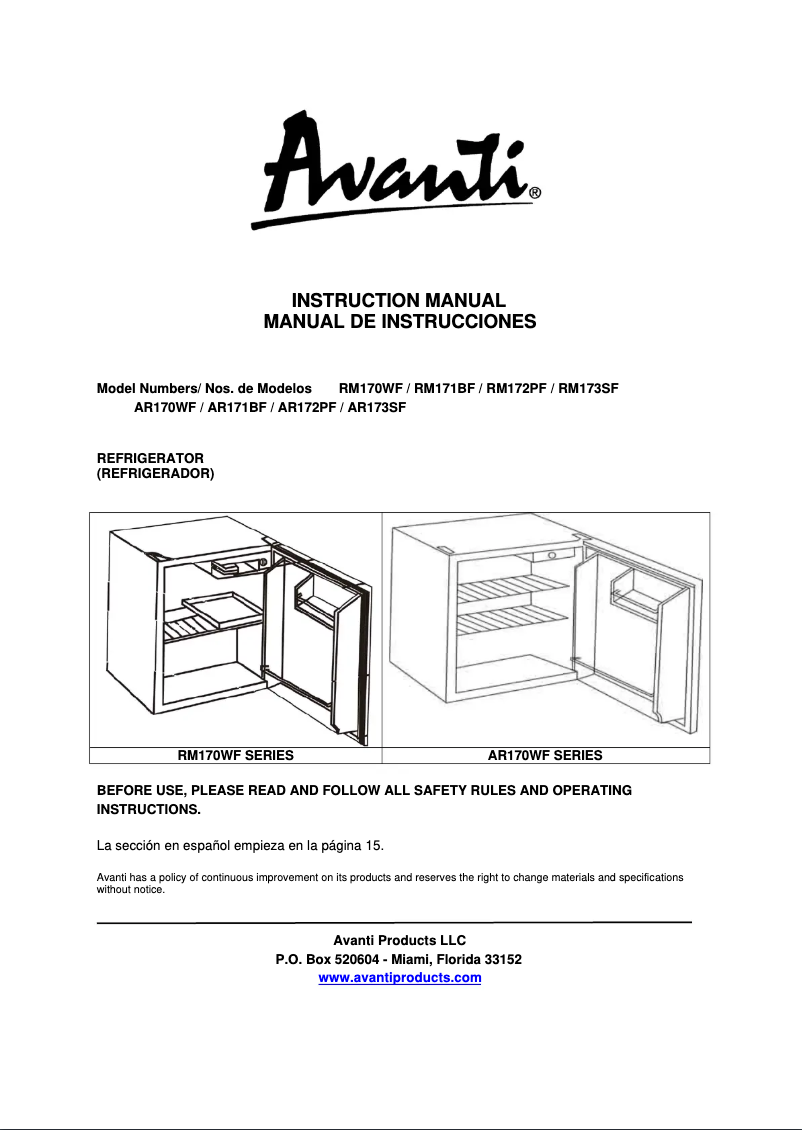 Page 1 de la notice Manuel utilisateur Avanti AR172PF