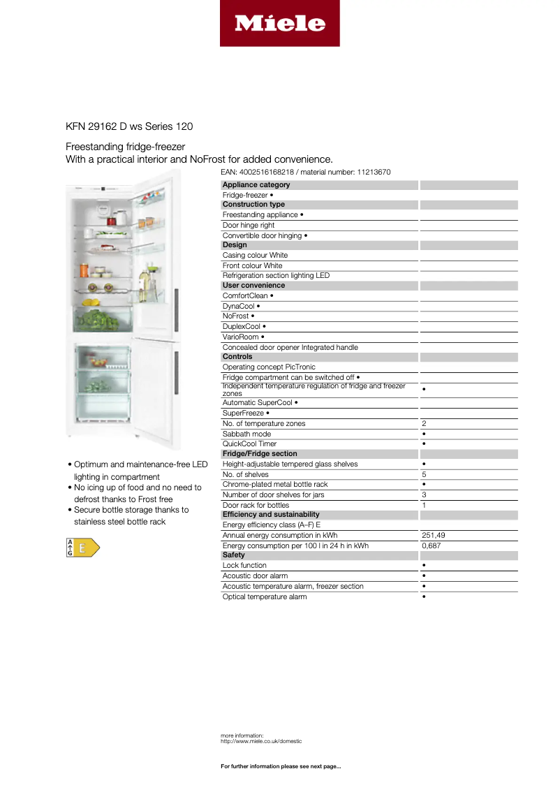 Página 1 del manual Ficha técnica Miele KFN 29162 D ws Series 120