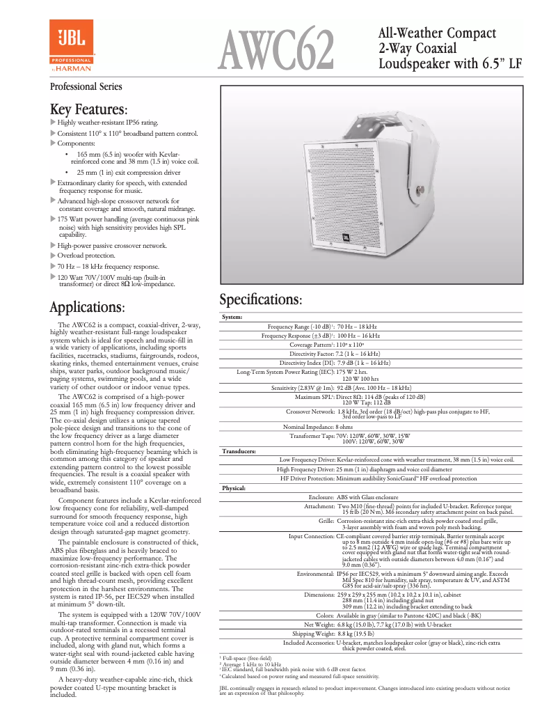 Page n°1 - Manuel utilisateur JBL AWC62