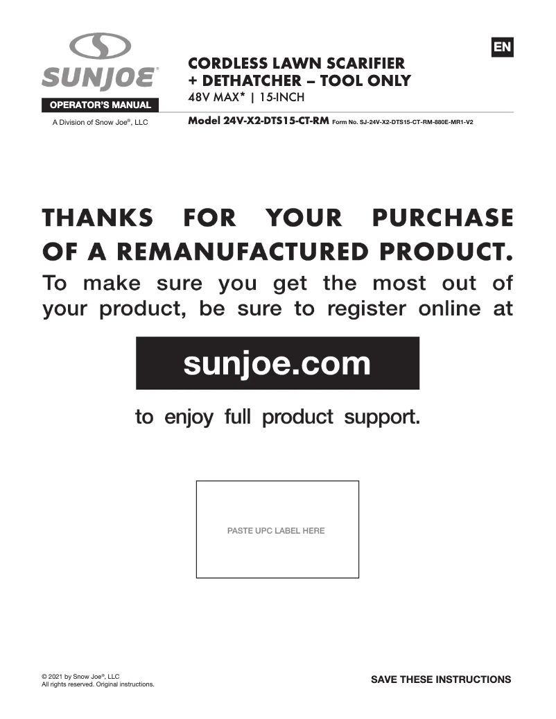 Page 1 de la notice Manuel utilisateur Sun Joe 24V-X2-DTS15-CT-RM