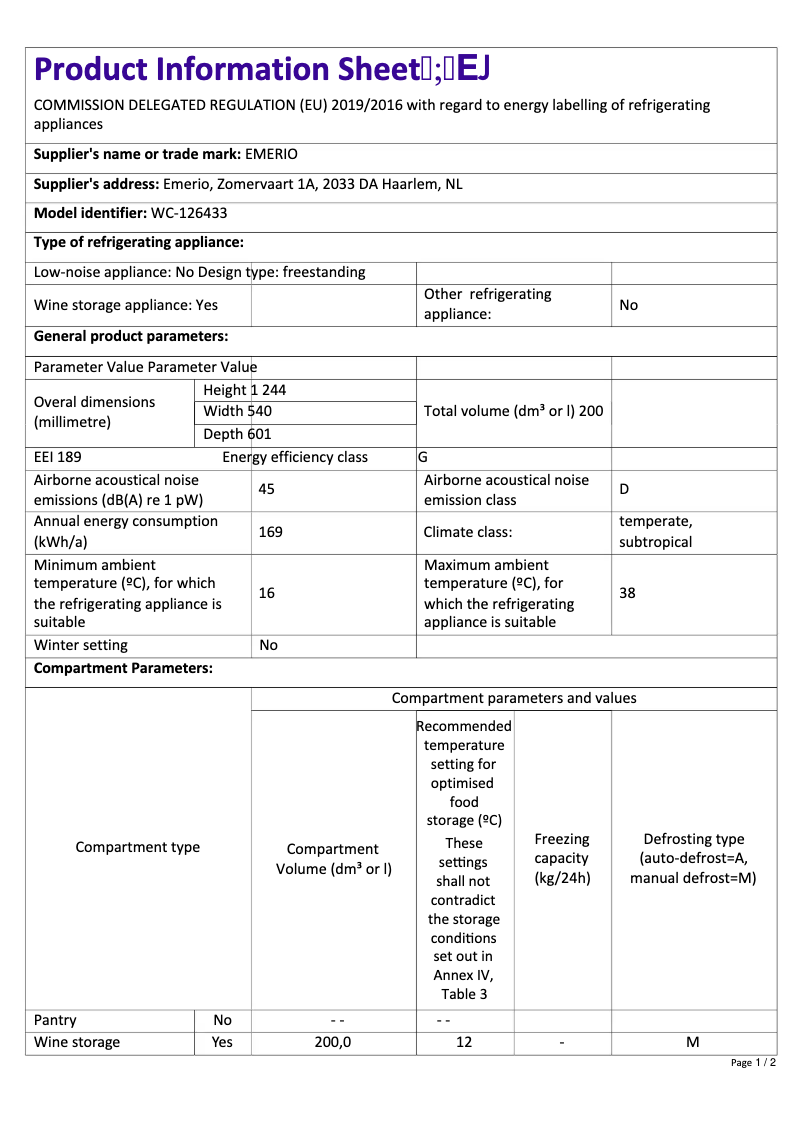 Page n°1 - Fiche technique Emerio WC-126433