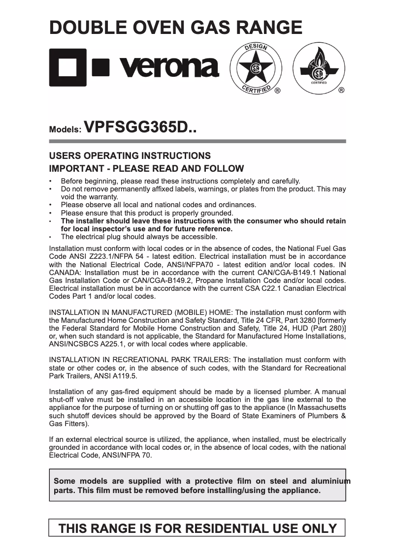 Page 1 de la notice Instructions / montage Verona VPFSGG365DW
