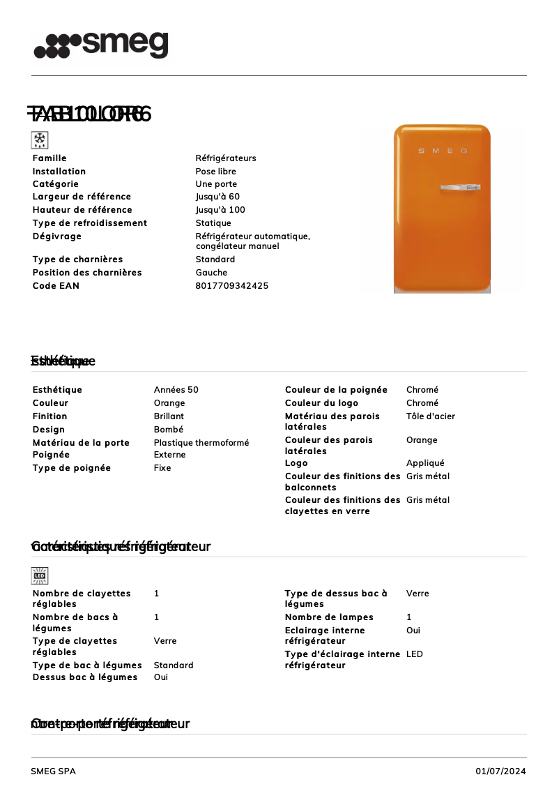 Page 1 de la notice Fiche technique Smeg FAB10LOR6