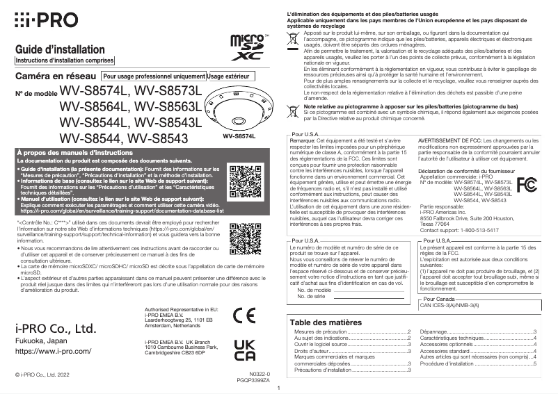 Page n°1 - Manuel utilisateur i-PRO WV-S8563L