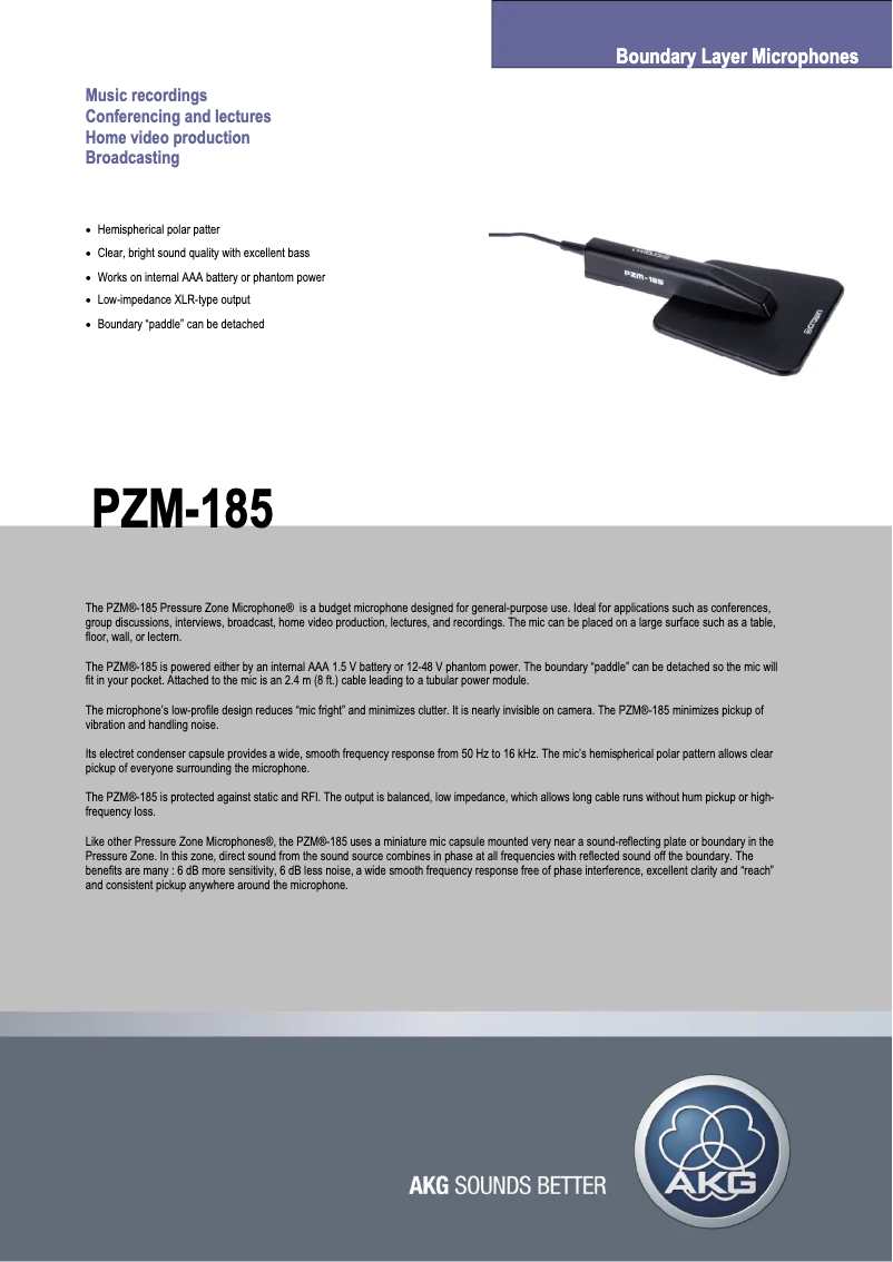 Page 1 de la notice Fiche technique AKG PZM-185