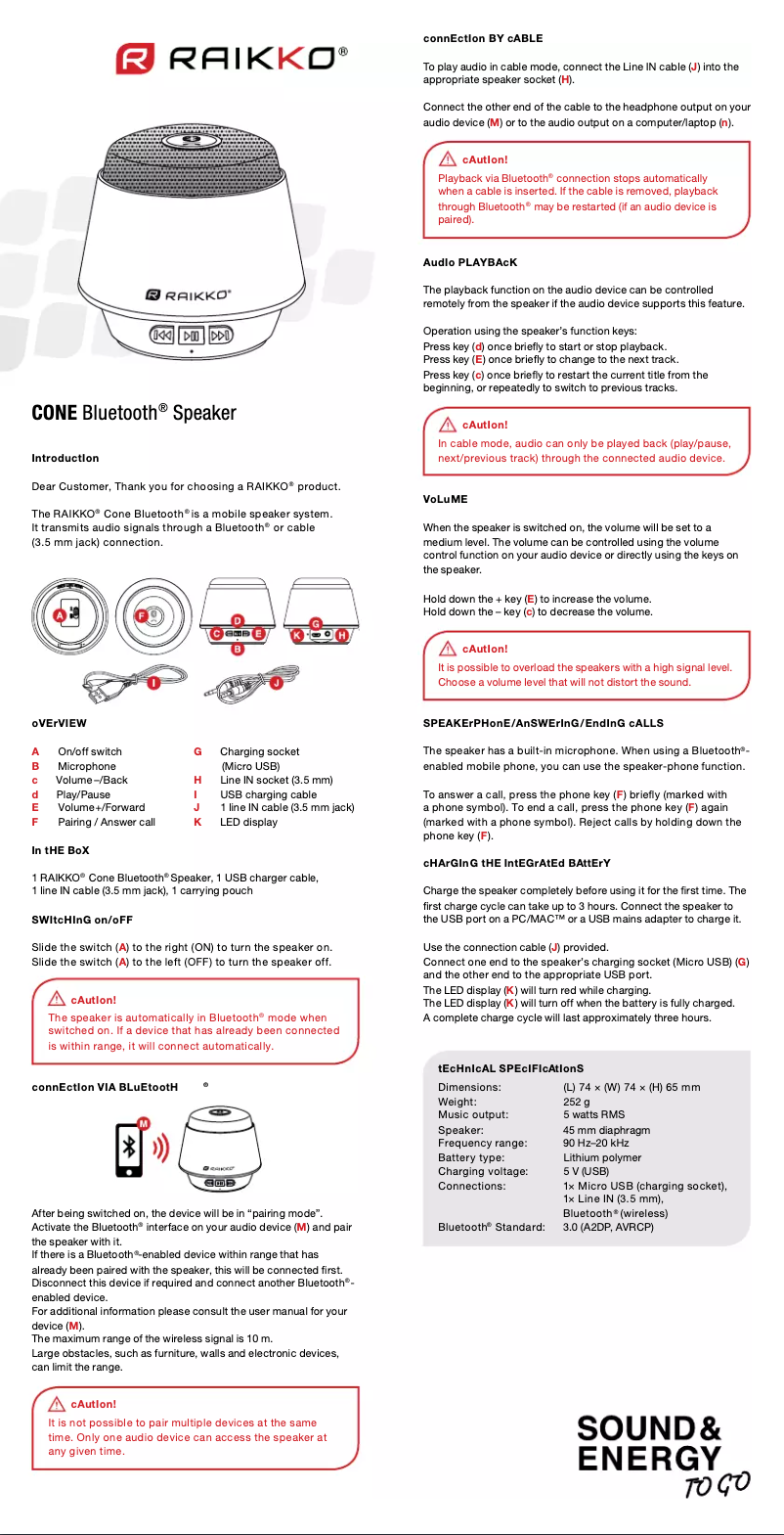 Page 1 of the manual User Manual Raikko Cone Bluetooth