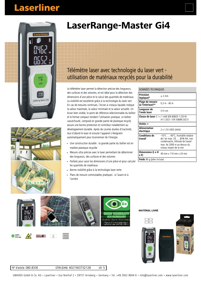 Page 1 de la notice Fiche technique Laserliner LaserRange-Master Gi4