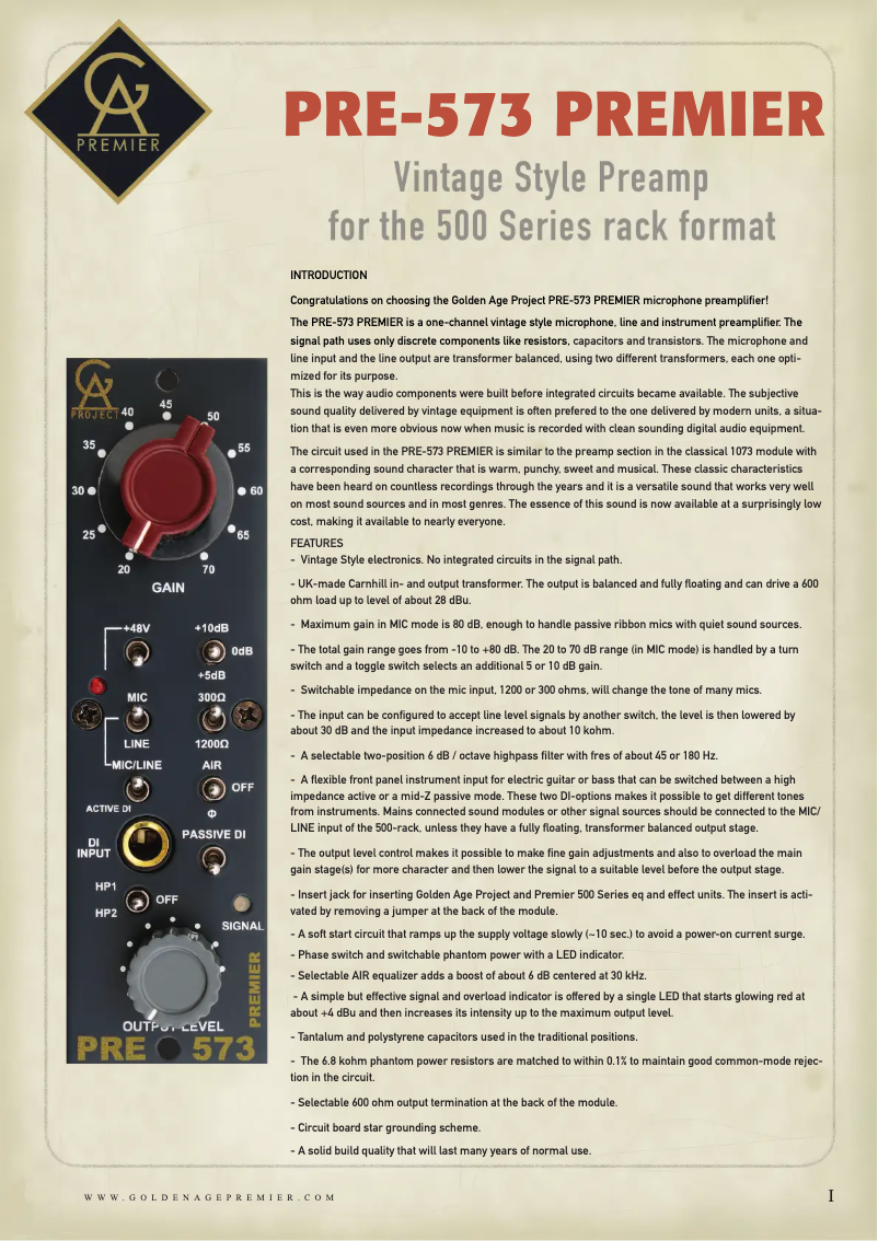 Page 1 de la notice Manuel utilisateur Golden Age Project PRE-573 Premier 500 Series 1073-Style Microphone Preamp