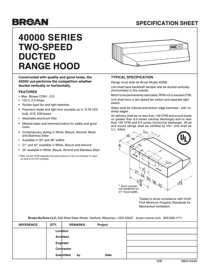 Page 1 de la notice Fiche technique Broan 404201