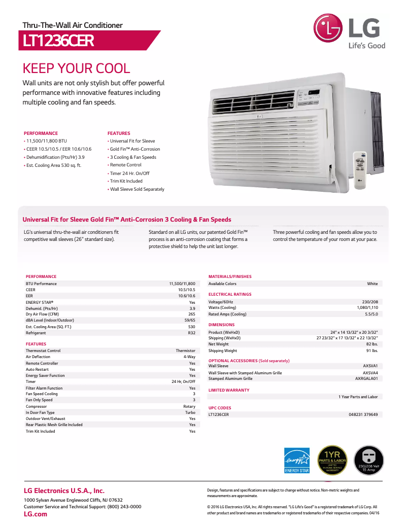 Page 1 de la notice Fiche technique LG LT1236CER