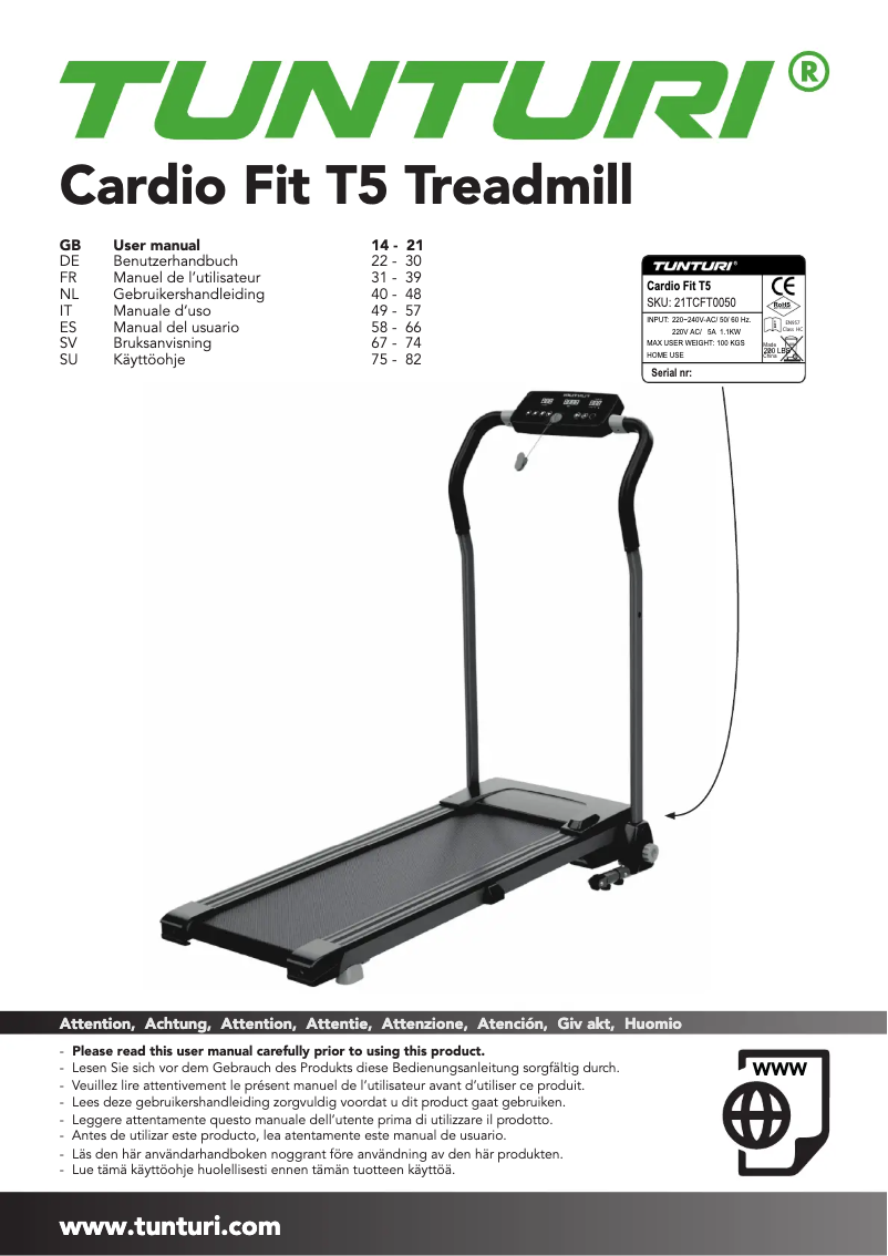 Page 1 de la notice Manuel utilisateur Tunturi Cardio Fit T5