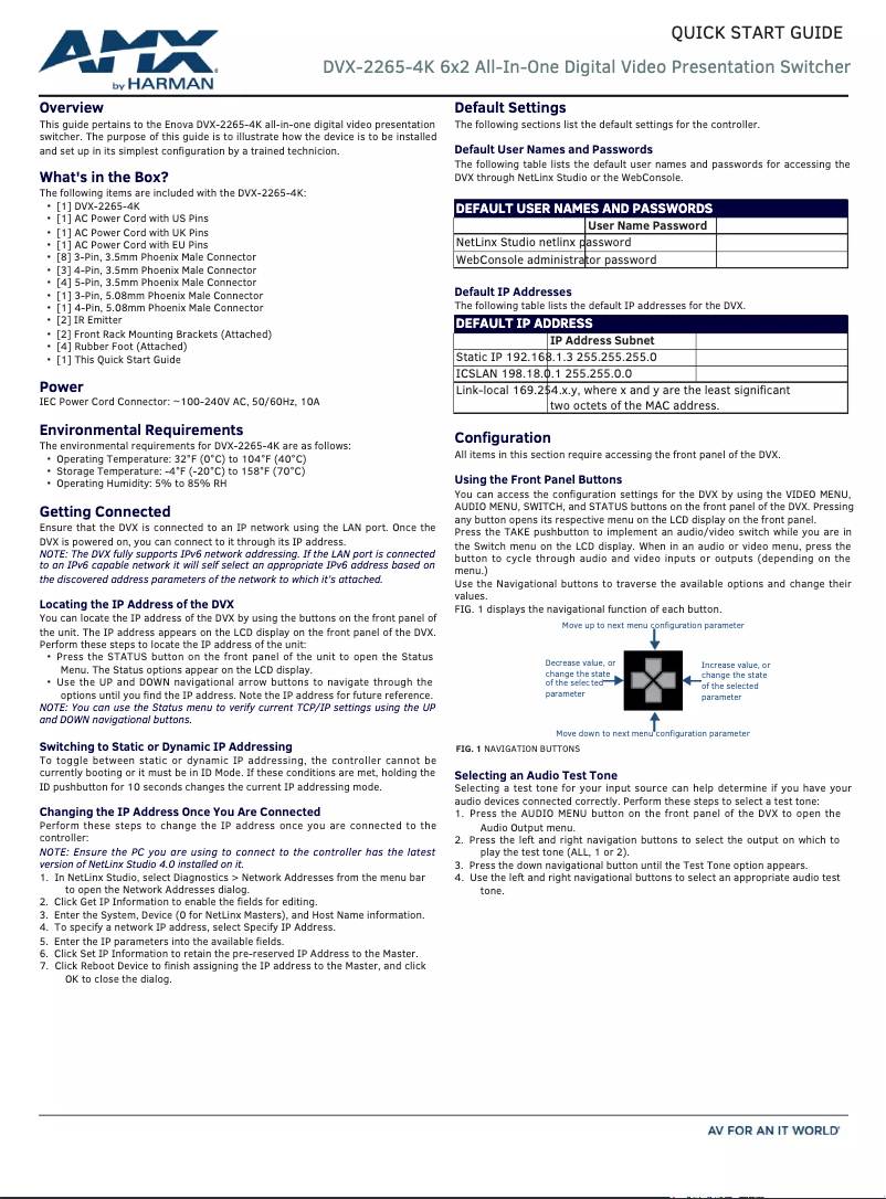 Page 1 de la notice Guide de démarrage rapide AMX DVX-2265-4K