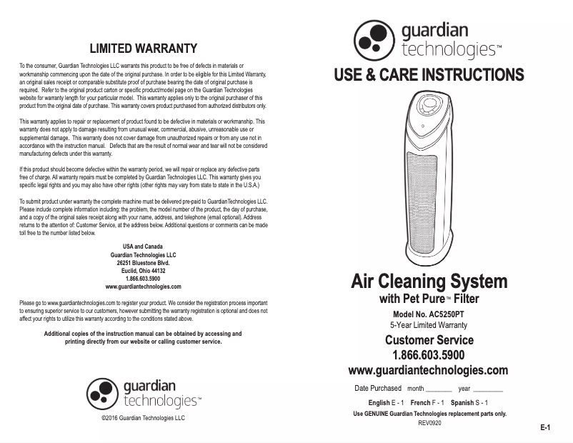 Page n°1 - Manuel utilisateur GermGuardian AC5250
