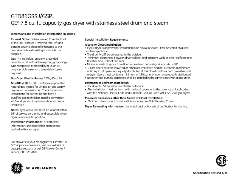 Page n°1 - Fiche technique GE GTD86GSSJWS