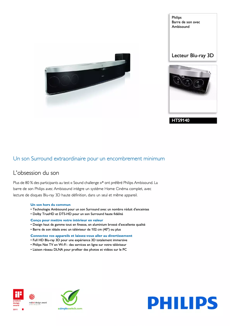 Page 1 de la notice Fiche technique Philips HTS9140