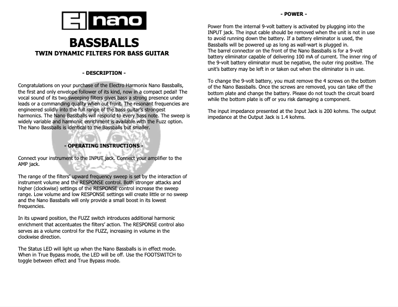 Page 1 de la notice Manuel utilisateur Electro Harmonix Nano Bassballs