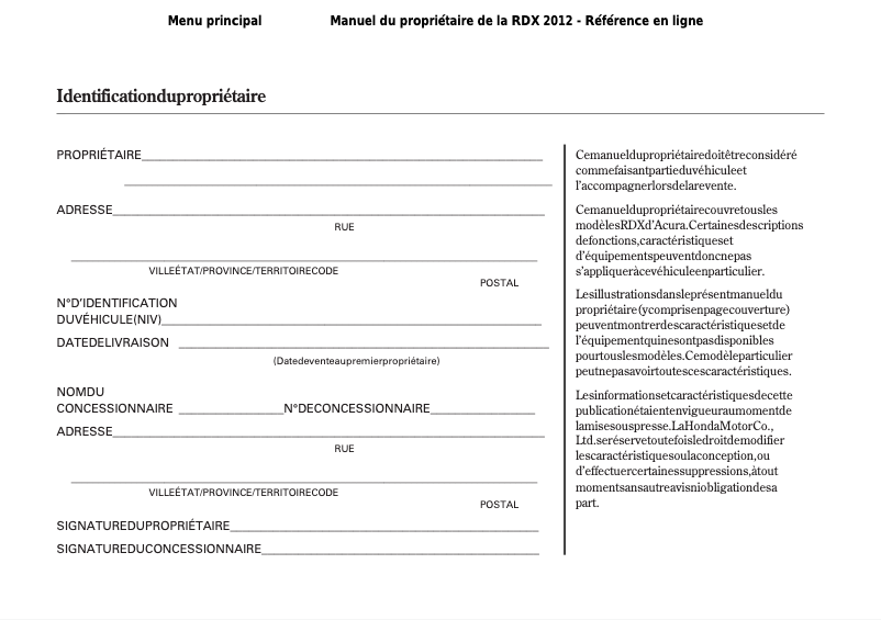 Page 1 de la notice Manuel utilisateur Acura RDX (2012)