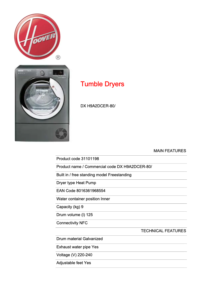 Página 1 del manual Ficha técnica Hoover DX H9A2DCER-80