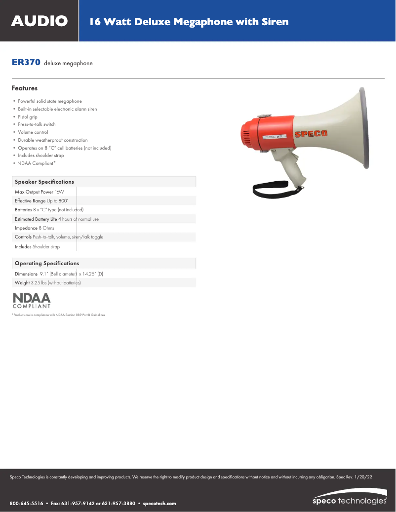 Page 1 de la notice Fiche technique Speco Technologies ER370
