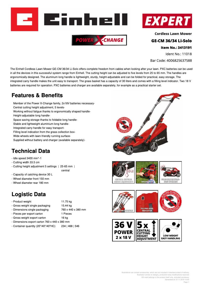 Page n°1 - Fiche technique Einhell GE-CM 36/34 Li-Solo