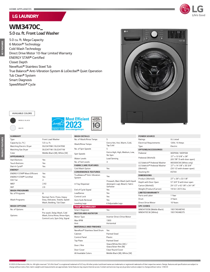 Page 1 de la notice Fiche technique LG WM3470CM