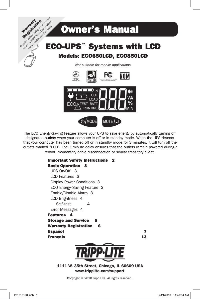 Page 1 de la notice Manuel utilisateur Tripp Lite ECO650LCD