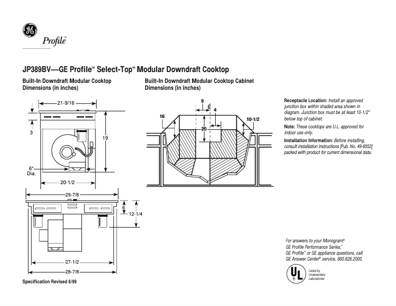 Página 1 del manual Ficha técnica GE Select-Top JP389BVBB