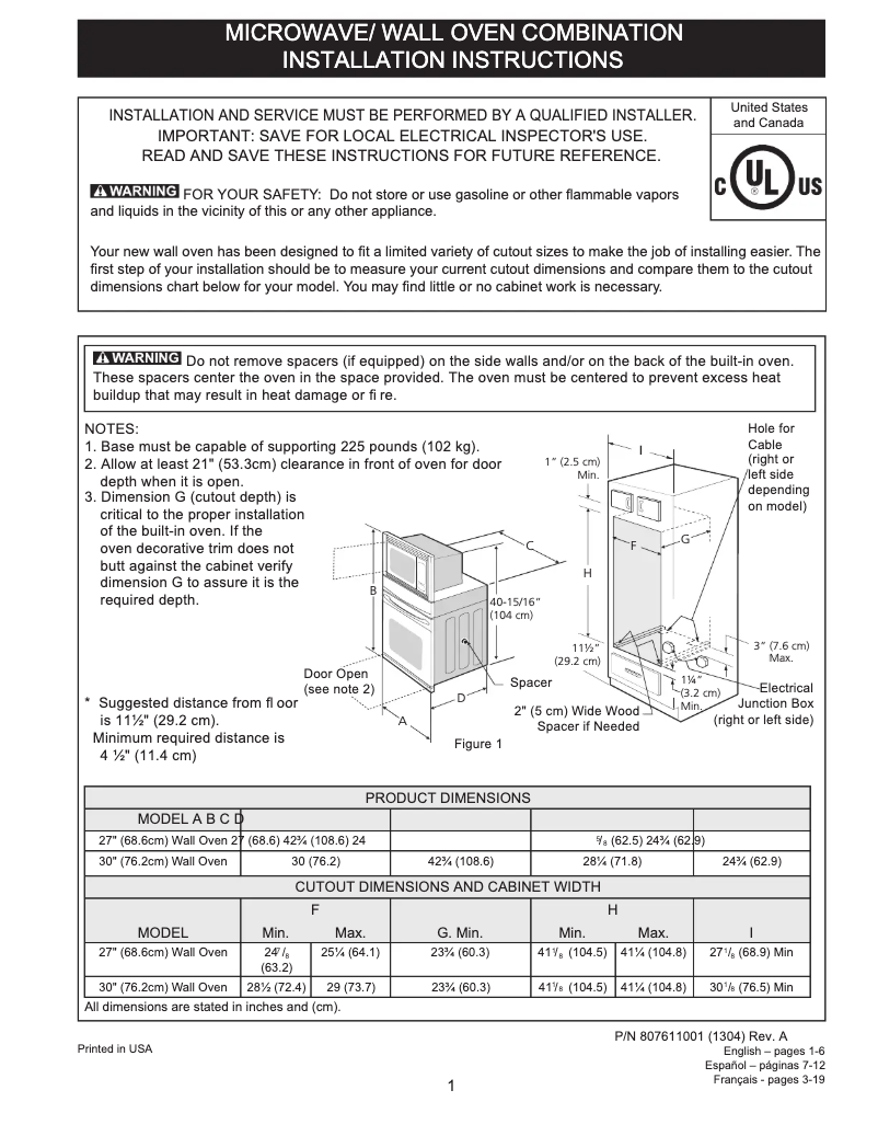Page n°1 - Guide d'installation Frigidaire FGMC2765PF