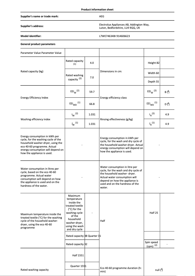Página 1 del manual Ficha técnica AEG L7WE74634BI