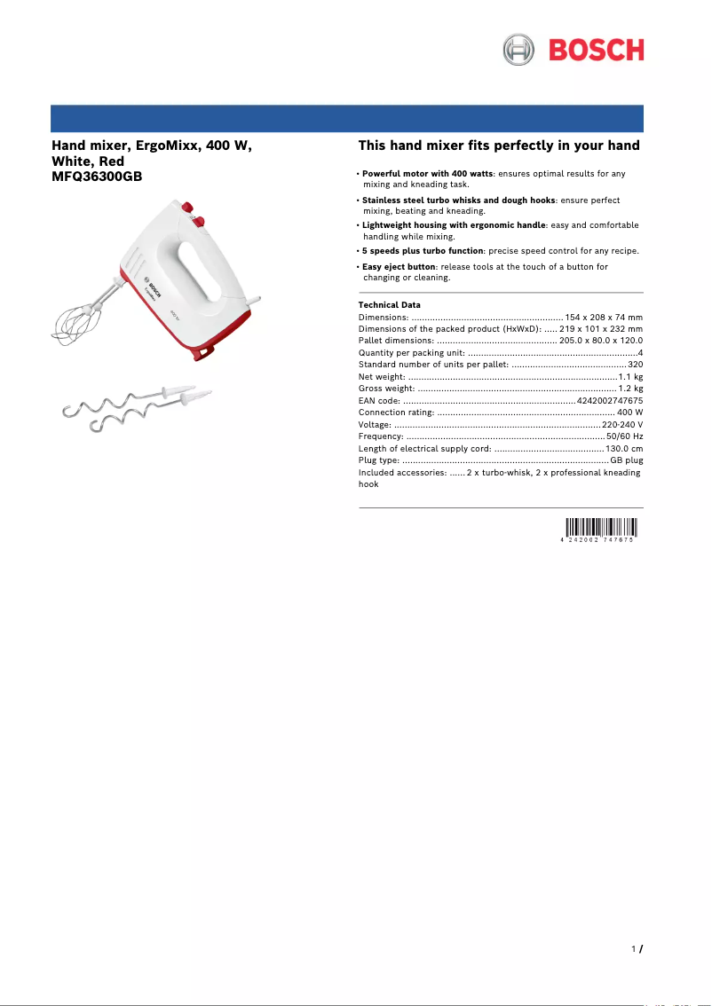 Page 1 de la notice Fiche technique Bosch MFQ36300GB